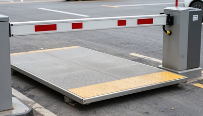 Rising metal barrier platform lifts at parking checkpoint, emphasizing controlled vehicle entry, automated access system and urban security zone, created with generative ai