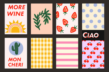 Obraz premium A colorful grid of patterned squares featuring fruits plants and text