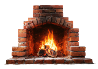 Brick fireplace with arch opening, burning wood, glowing with fiery light