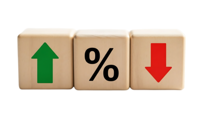 Image of three wooden blocks with up arrow percent sign and down arrow isolated on transparent background