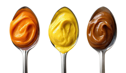 Three spoons hold orange, yellow, and brown creamy food items up close