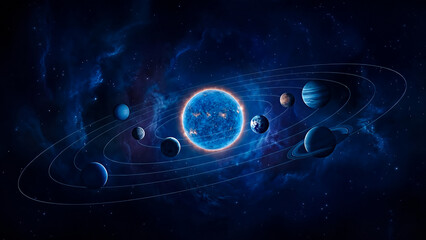 Vibrant blue sun at center of solar system with orbiting planets and nebulae orbits