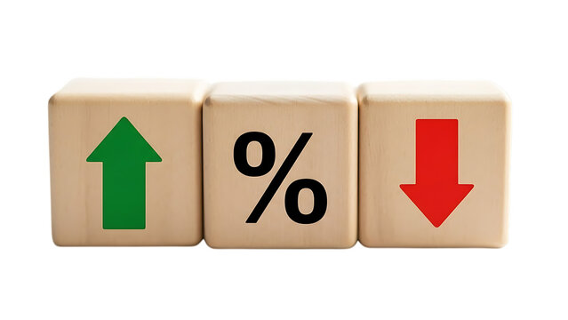 Image of three wooden blocks with up arrow percent sign and down arrow isolated on transparent background