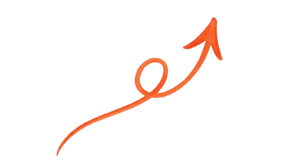 An orange arrow symbol isolated on transparent background pointing upwards with a loop