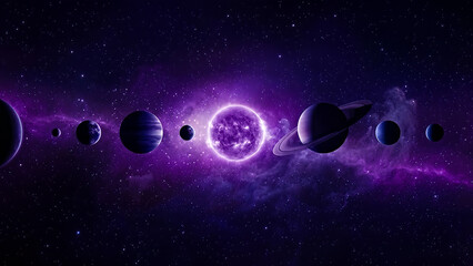 Vibrant purple nebula surrounds a glowing sun and ringed planet space galaxy planets