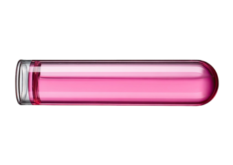 Horizontal test tube filled with a transparent bright pink liquid