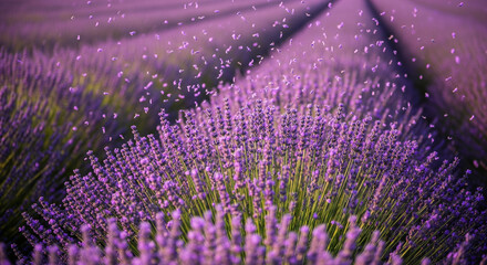 Naklejka premium Lavender Field in Full Bloom: A mesmerizing vista of vibrant lavender fields stretches towards the horizon.