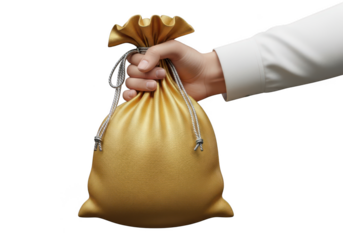 3d icon of hand holding a golden drawstring pouch filled with something isolated on transparent background