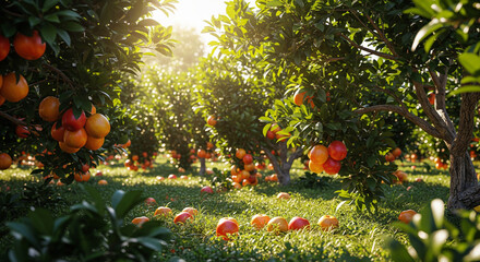 Orchard of Abundance: Sun-drenched scene showcasing an orchard brimming with ripe fruits, creating a vibrant landscape of nature's bounty.