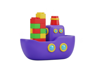 3d icon of a purple toy boat with colorful building blocks stacked as a chimney, isolated on transparent background