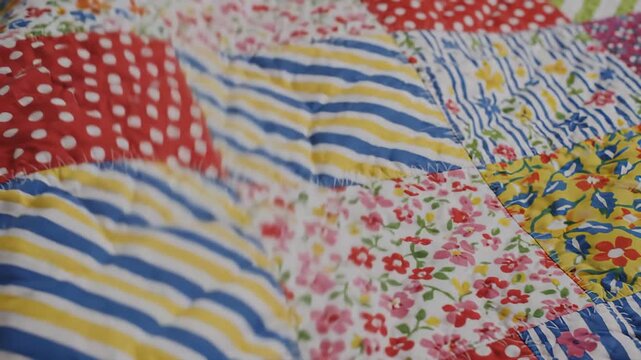 Close Up of Colorful Quilt With Floral and Polka Dot Patterns
