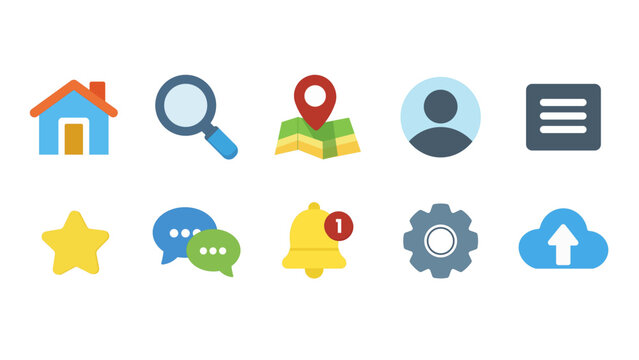 A professional set of colorful flat icons designed for mobile application navigation, system settings, and primary user interface actions