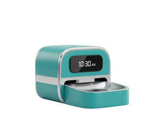 3d icon of a teal automatic pet feeder with a digital clock displaying 1030, isolated on transparent background