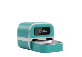 3d icon of a teal automatic pet feeder with a digital clock displaying 1030, isolated on transparent background