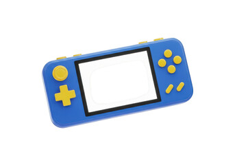 3d icon of a blue handheld video game console with yellow buttons and a blank screen, isolated on transparent background