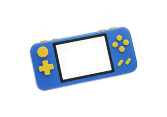 3d icon of a blue handheld video game console with yellow buttons and a blank screen, isolated on transparent background