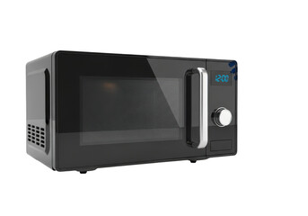 3d icon of modern black microwave oven with digital display and chrome handle isolated on transparent background