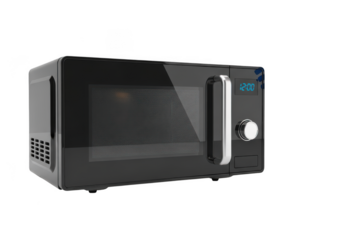 3d icon of modern black microwave oven with digital display and chrome handle isolated on transparent background