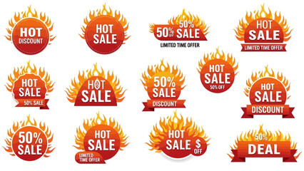 Set of hot sale and discount labels with fire flames.
