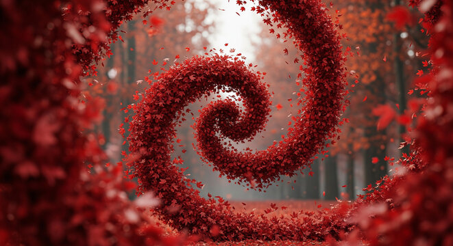 Whirl of Crimson Leaves: A mesmerizing swirl of vibrant red leaves dances through a tranquil forest path, evoking the serene beauty and enchanting atmosphere of autumn.