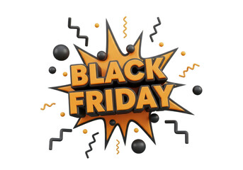 3d icon of black friday sale event announcement with explosion graphic and decorative elements isolated on transparent background