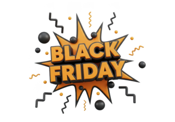 3d icon of black friday sale event announcement with explosion graphic and decorative elements isolated on transparent background