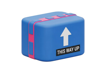 3d icon of blue shipping box with pink accents and this way up label isolated on transparent background