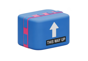 3d icon of blue shipping box with pink accents and this way up label isolated on transparent background