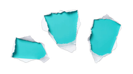 Three torn paper pieces with cyan inner texture.