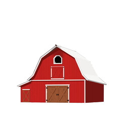 Traditional Red Barn with White Roof and Wooden Doors