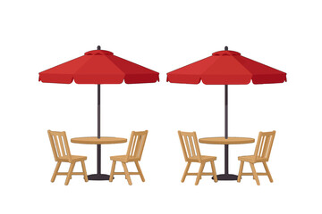 Two outdoor cafe sets with red umbrellas