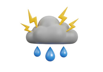 3d illustration of a stormy cloud with lightning and raindrops, isolated on transparent background