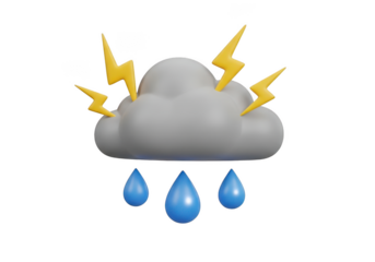 3d illustration of a stormy cloud with lightning and raindrops, isolated on transparent background