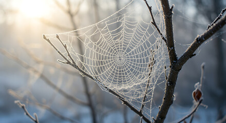 Frosty spider web on bare tree branch in winter