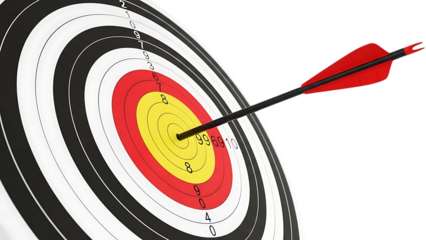Bullseye target with arrow hitting center isolated on transparent background