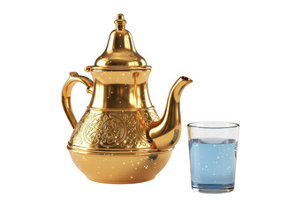 3d icon of traditional ornate golden teapot with a glass of water, isolated on transparent background