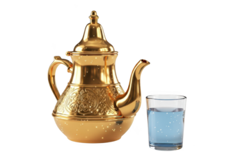 3d icon of traditional ornate golden teapot with a glass of water, isolated on transparent background