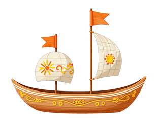 Wooden sailboat with decorative sails and flags