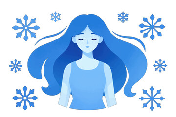 Woman with long hair surrounded by snowflakes