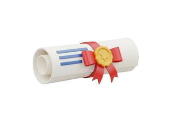 3d icon of a rolled diploma or certificate tied with a red ribbon and sealed with a golden wax seal, isolated on transparent background