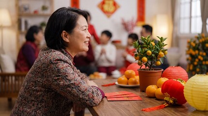 Smiling elderly Asian woman enjoys a Chinese New Year family gathering, table set with mandarins and red envelopes.