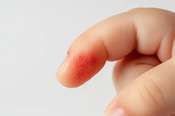 Close-up view of a child's finger with a reddish-brown discoloration.