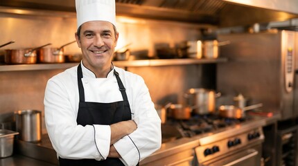 a professional chef with a warm smile stands confidently in a bustling kitchen environment showcasing culinary expertise and passion for food preparation