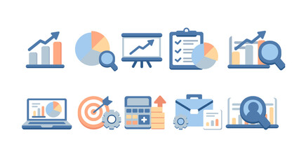 Modern icons illustrating data visualization, financial reporting, market research, and business intelligence metrics