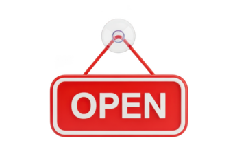 3d icon of red open sign hanging from a suction cup on a transparent background