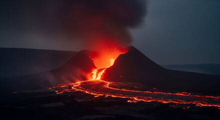Volcano Eruption at Night: Witness the raw power of nature as molten lava erupts from a volcano under the cloak of night, creating a mesmerizing spectacle of fiery orange and black.