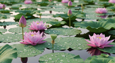 Serene Lotus Pond: A picturesque view of a lotus pond, with pink lotus flowers floating gracefully among the large green leaves, capturing the peace and beauty of nature.