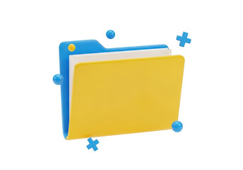 3d icon of a blue and yellow folder with documents and floating blue spheres isolated on transparent background