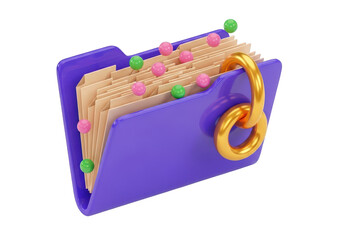 3d icon of a 3d illustration of a purple folder with documents and colorful pins, isolated on transparent background