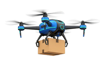 3d icon of a blue and black drone carrying a cardboard box, isolated on transparent background